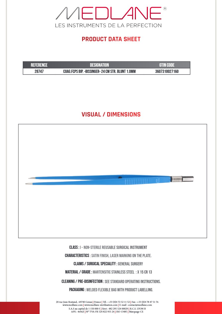 Pince Coagulation bipolaire-bissinger-240 mm Droite Mousse 1.0MM — REF 28747P