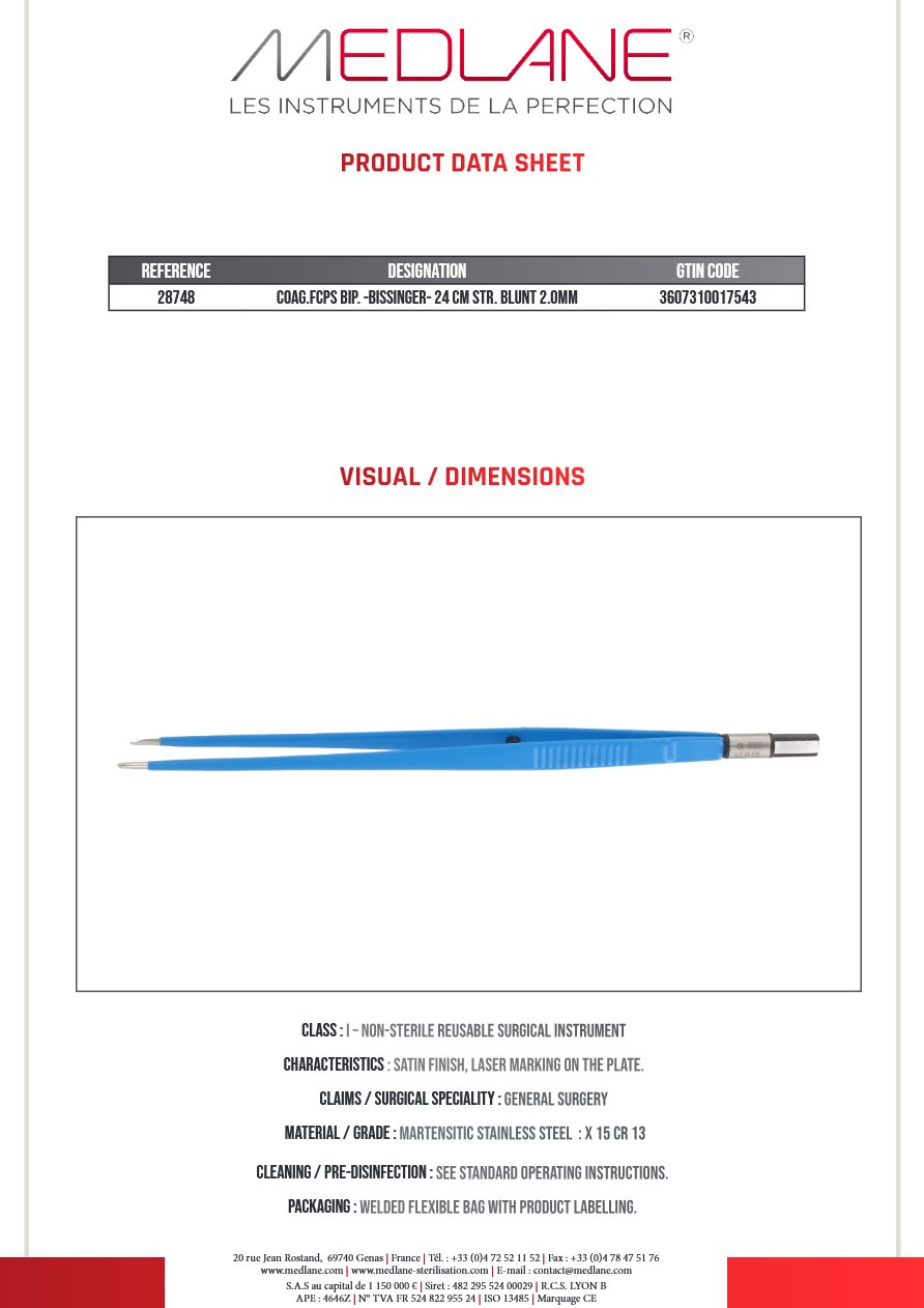 Pince Coagulation bipolaire-bissinger-240 mm Droite Mousse 2.0MM — REF 28748P