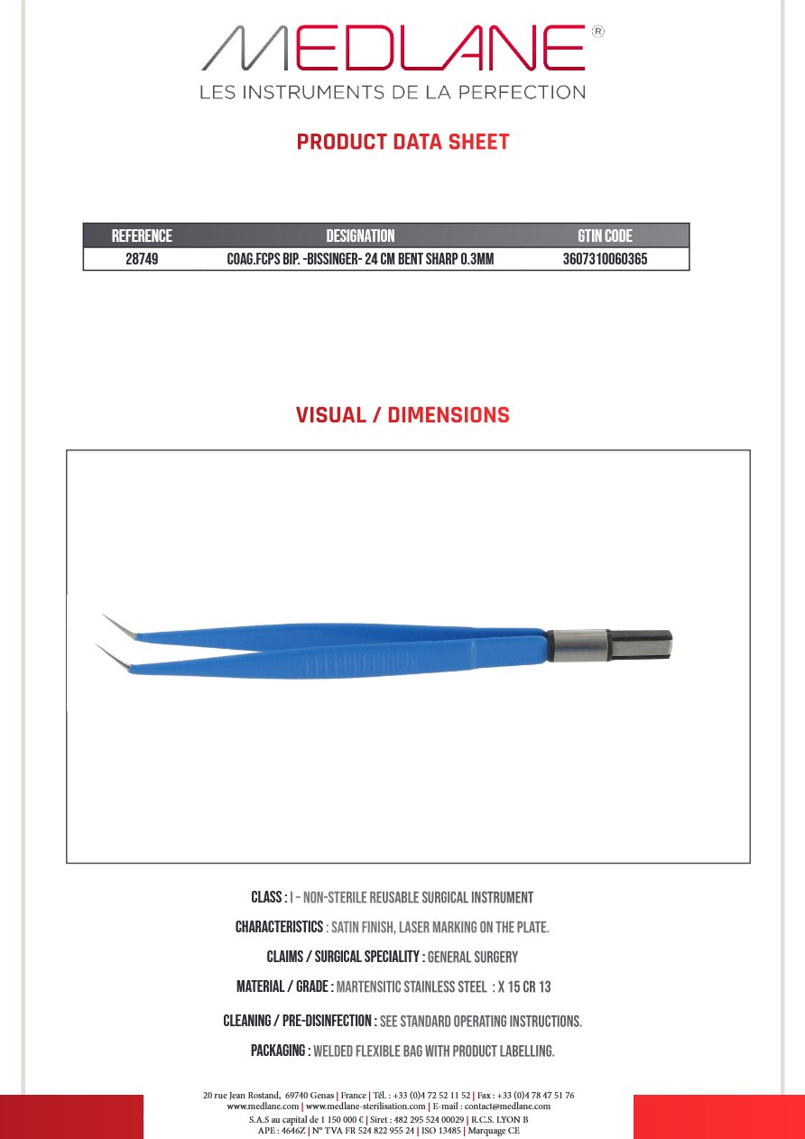 Pince Coagulation bipolaire-bissinger-240 mm Coudee Pointu 0.3MM — REF 28749P