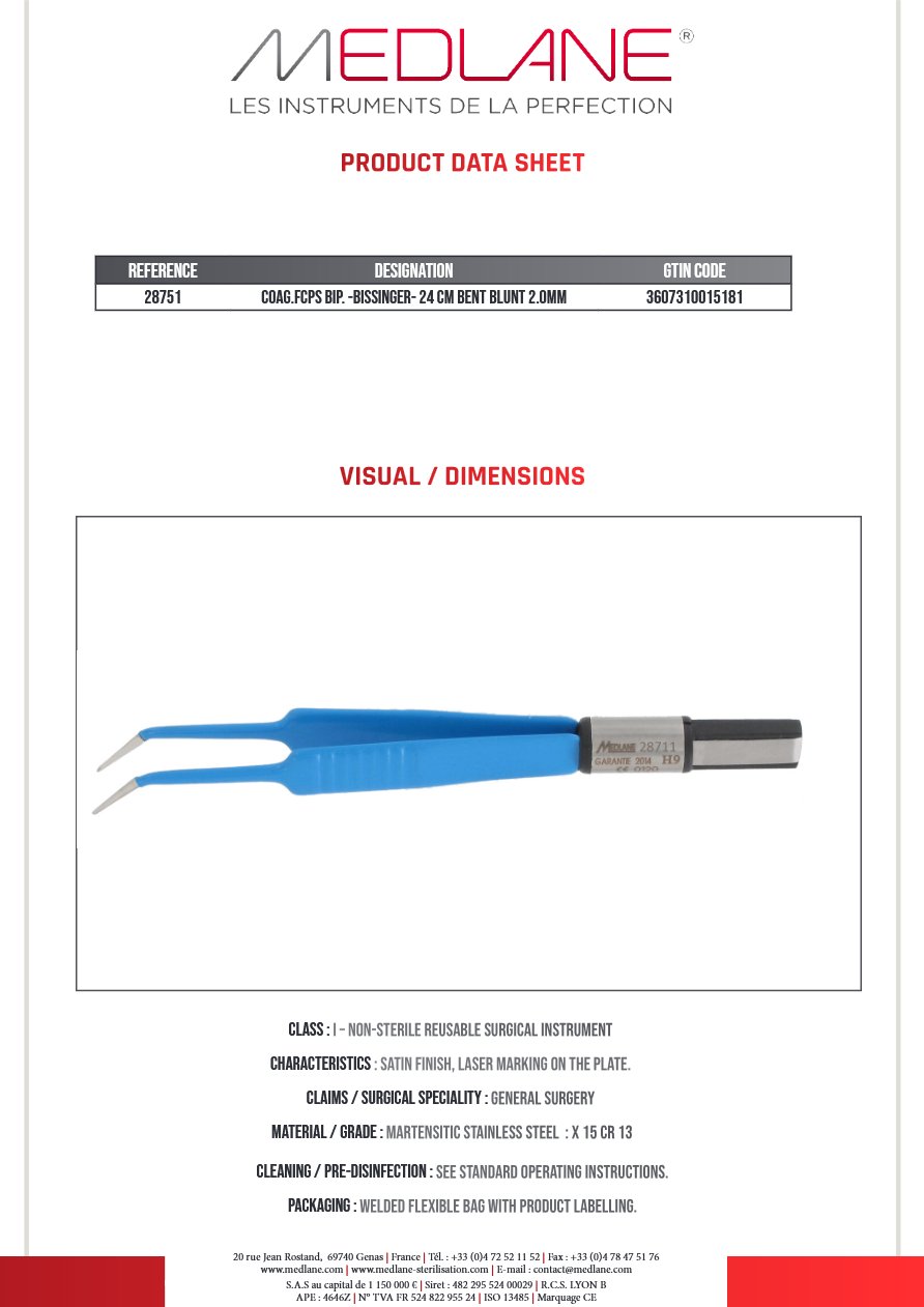 Pince Coagulation bipolaire-bissinger-240 mm Coudee Mousse 2.0MM — REF 28751P