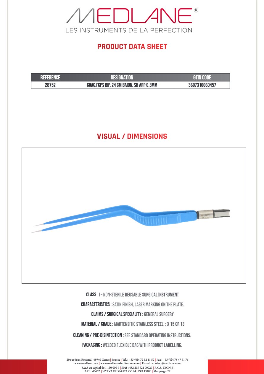 Pince Coagulation bipolaire-bissinger-240 mm Baïonnette Pointu 0.3MM — REF 28752P
