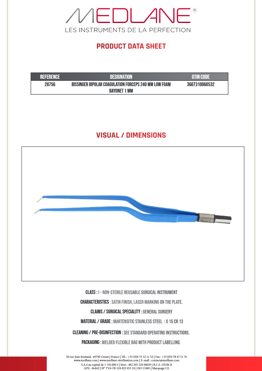Pince Coagulation bipolaire-bissinger-240 mm Baïonnette bas Mousse 1.0MM — REF 28756P