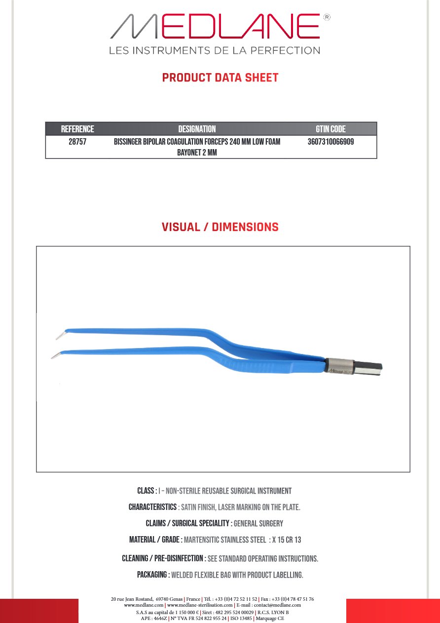 Pince Coagulation bipolaire-bissinger-240 mm Baïonnette bas Mousse 2.0MM — REF 28757P