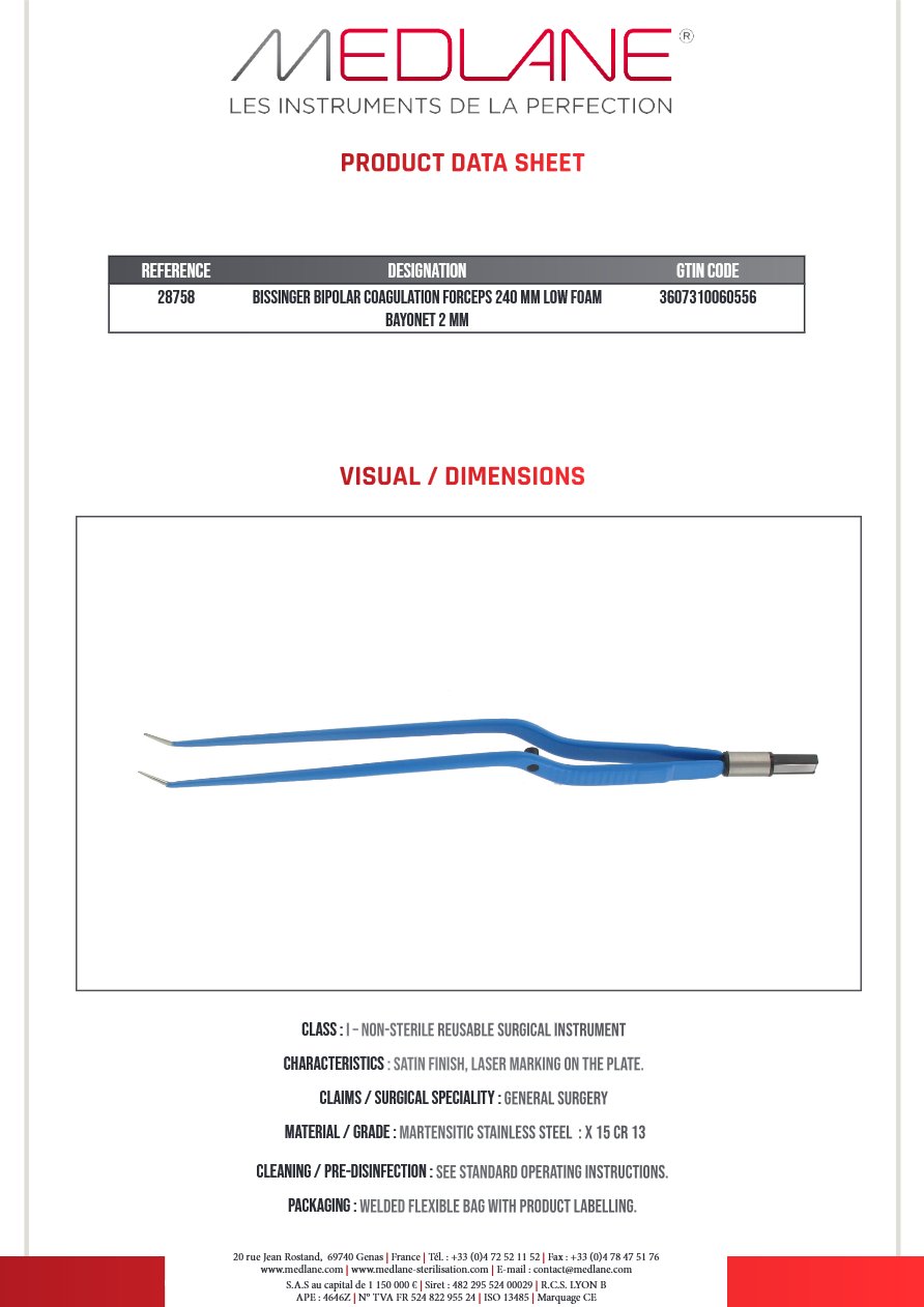 Pince Coagulation bipolaire-bissinger-240 mm Baïonnette haut Pointu 0.3MM — REF 28758P