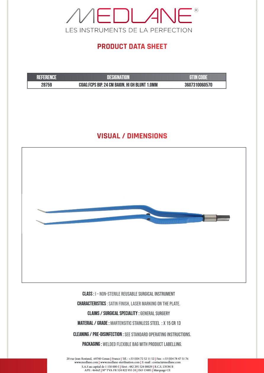 Pince Coagulation bipolaire-bissinger-240 mm Baïonnette haut Mousse 1.0MM — REF 28759P
