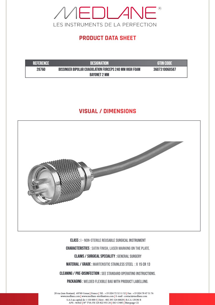 Pince Coagulation bipolaire-bissinger-240 mm Baïonnette haut Mousse 2.0MM — REF 28760P
