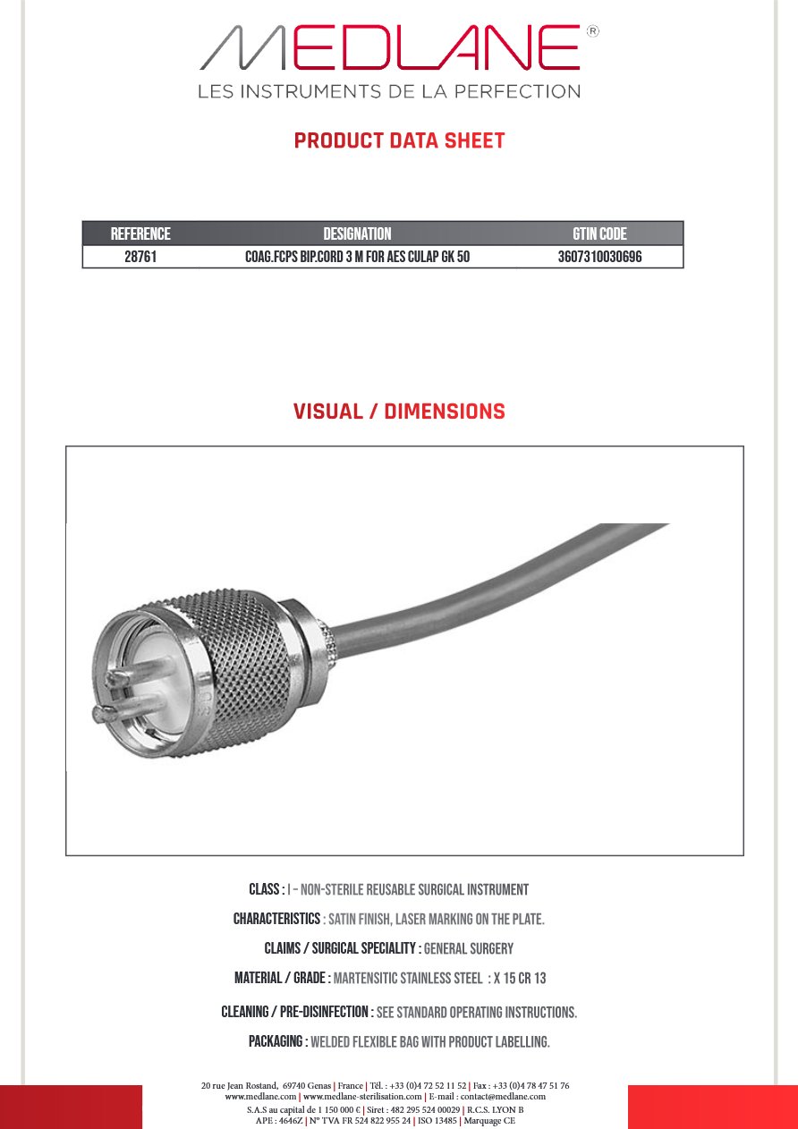 Pince Coagulation bipolaire Cordon 3 M Pr Aesculap Gk 50 — REF 28761