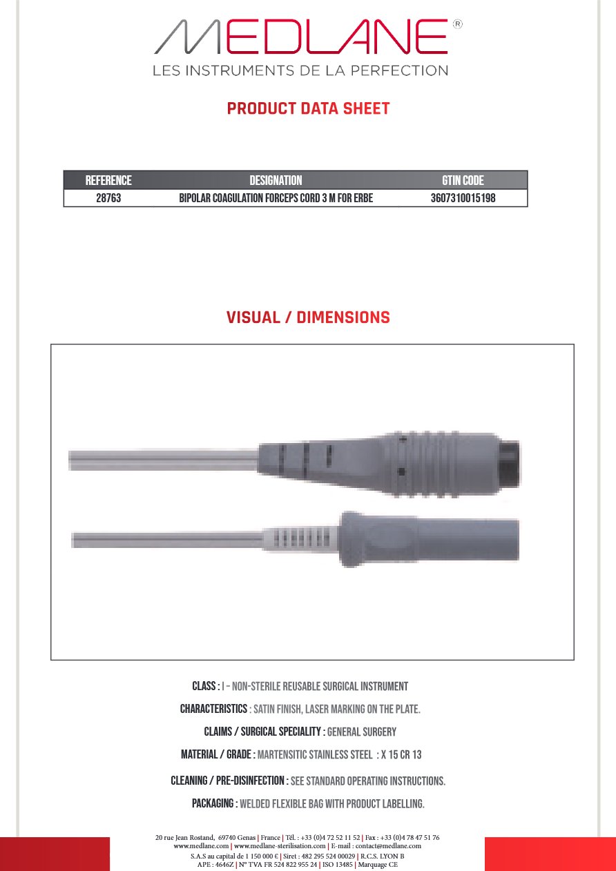Pince Coagulation bipolaire Cordon 3 M Pr Erbe — REF 28763P