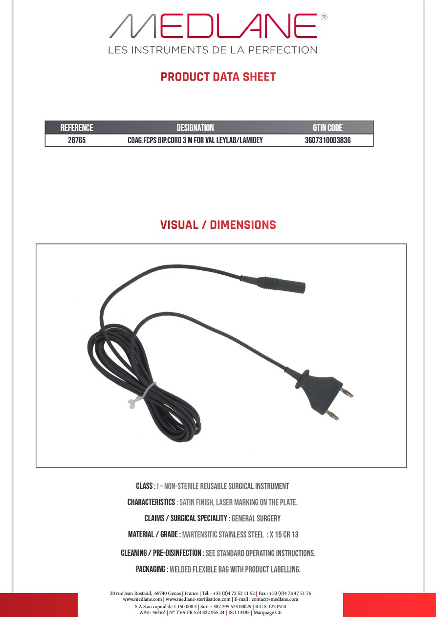 Photo produit MEDLANE : Pince Coagulation bipolaire Cordon 3 M Pr Valleylab-lamidey-emc, référence 28765P