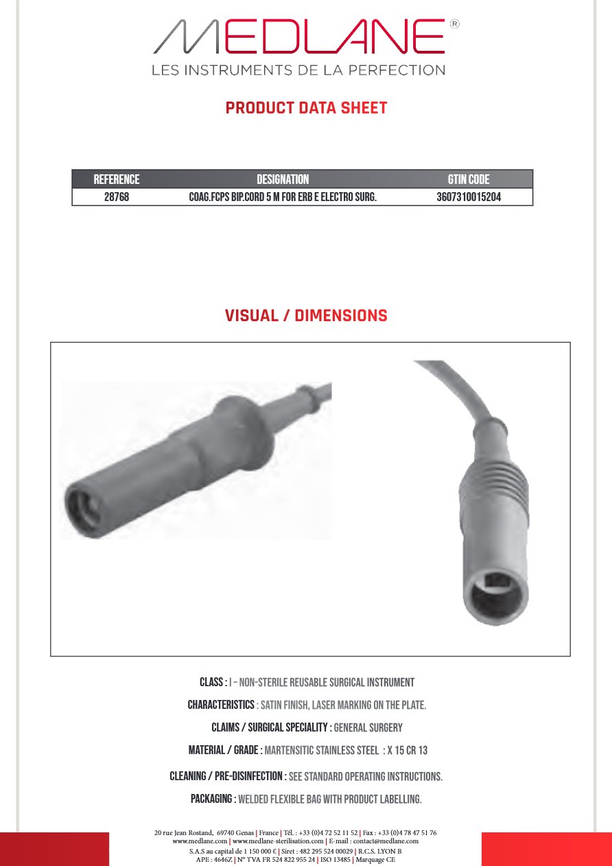 Pince Coagulation bipolaire Cordon 5 M Pr Erbe — REF 28768