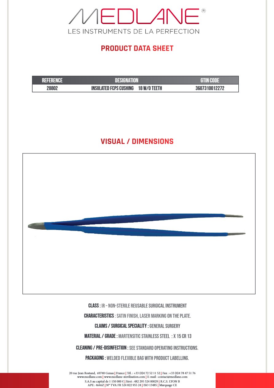 Photo produit MEDLANE : Pince Isolee a Dissection Cushing 180 Ss Griffes, référence 28802