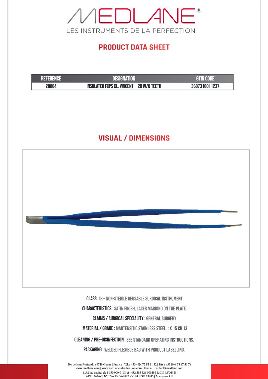 Photo produit MEDLANE : Pince Isolee a Dissection Clamp Vincent 200 Ss Griffes, référence 28804