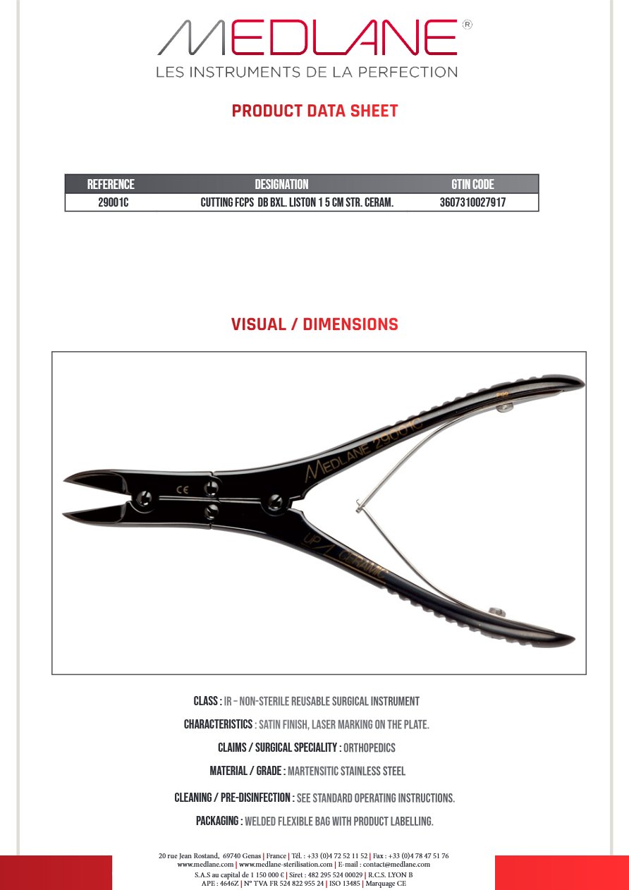 Photo produit MEDLANE : Pince Coupante Double Articulation Liston 150 mm Droite Ceramic, référence 29001C