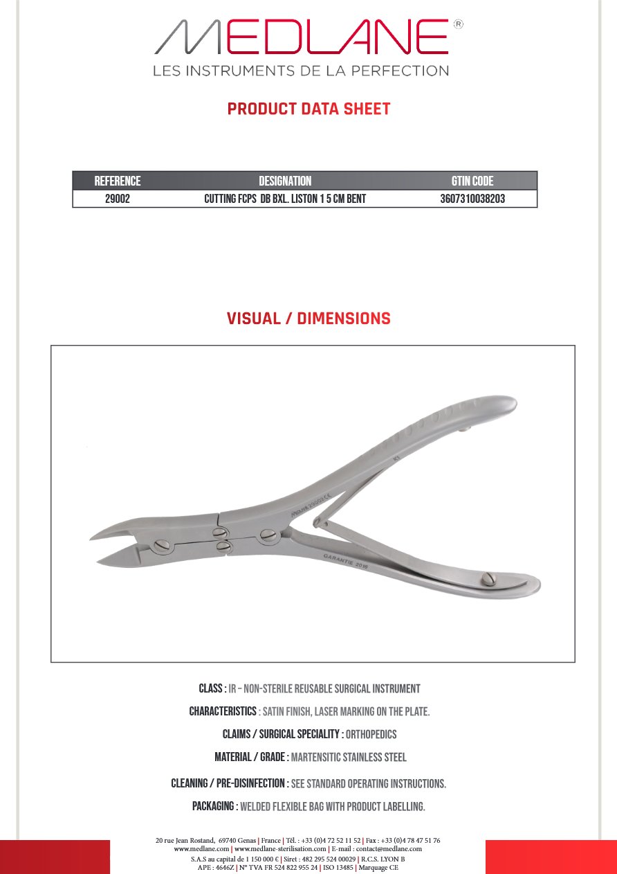 Photo produit MEDLANE : Pince Coupante Double Articulation Liston 150 mm Coudee, référence 29002P