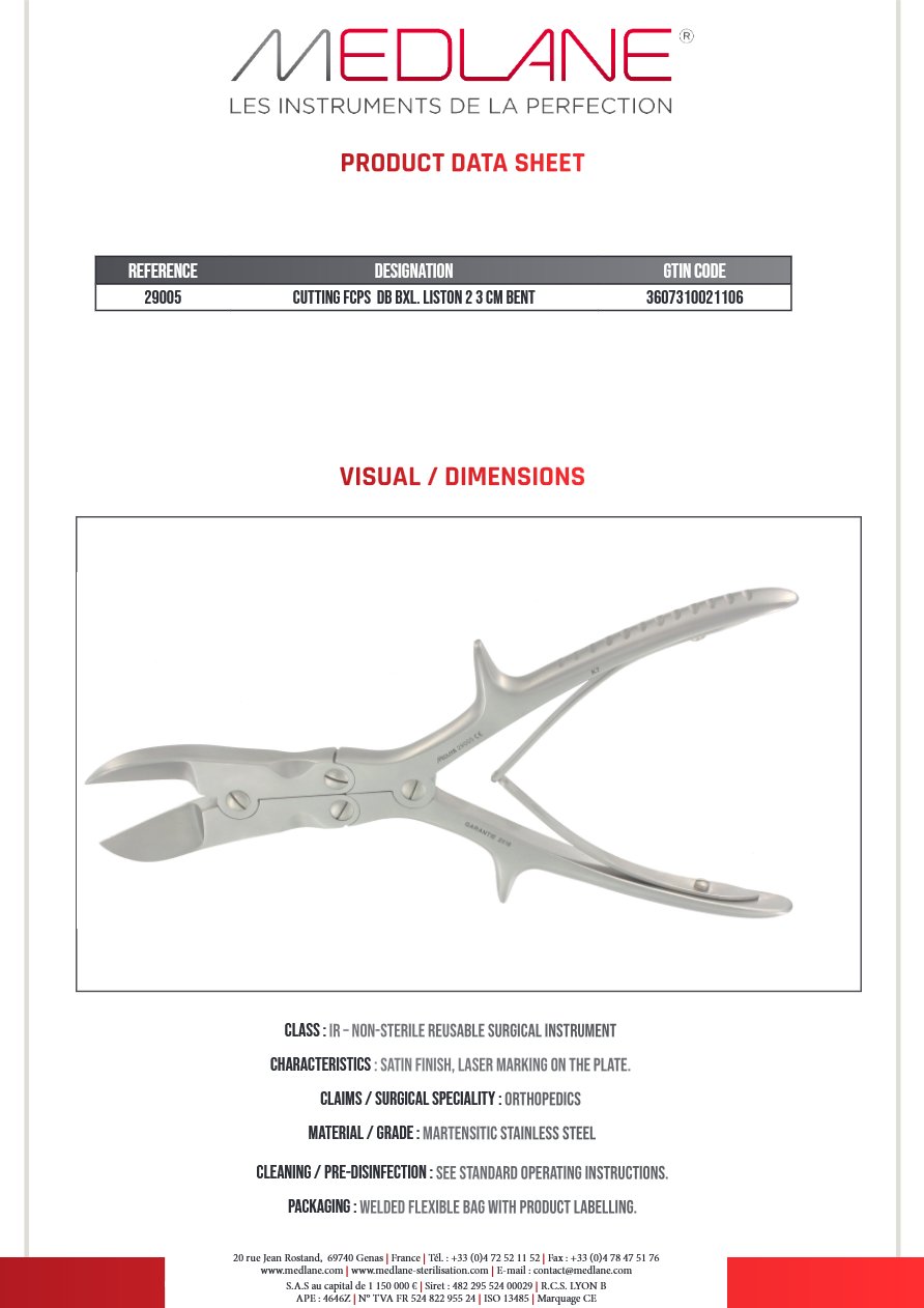 Photo produit MEDLANE : Pince Coupante Double Articulation Liston 230 mm Coudee, référence 29005P