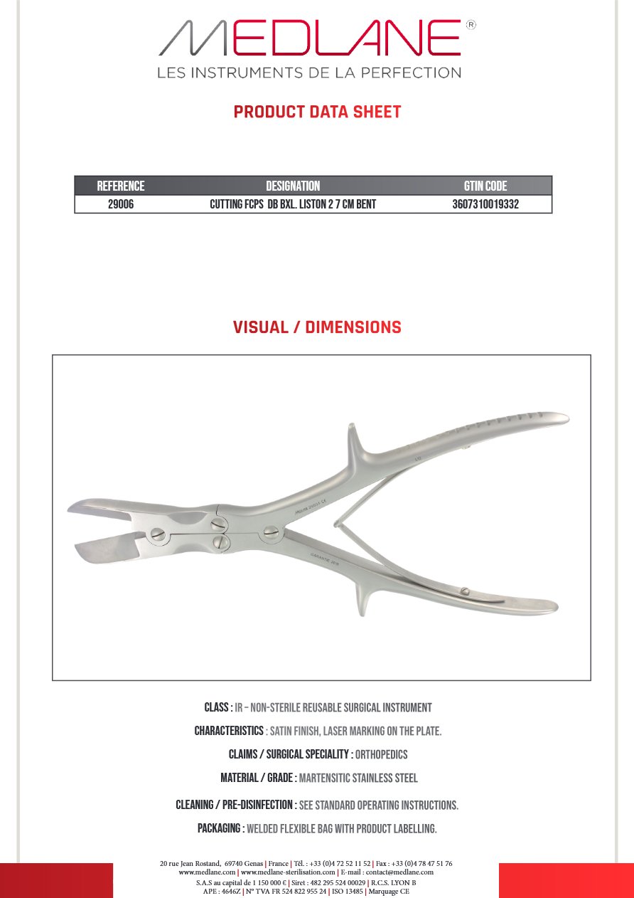 Photo produit MEDLANE : Pince Coupante Double Articulation Liston 270 mm Coudee, référence 29006P