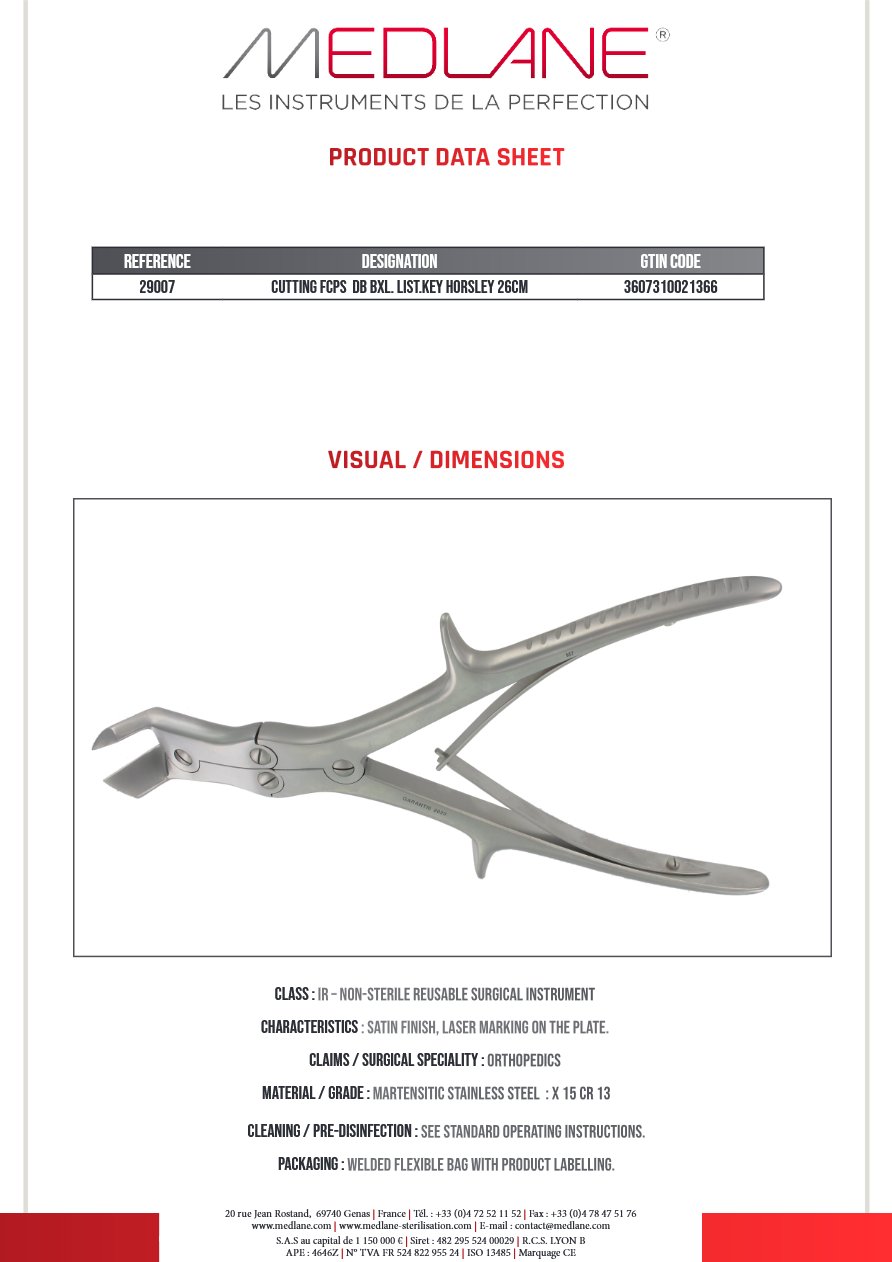 Photo produit MEDLANE : Pince Coupante Double Articulation Liston Key Horsley 260 mm, référence 29007P