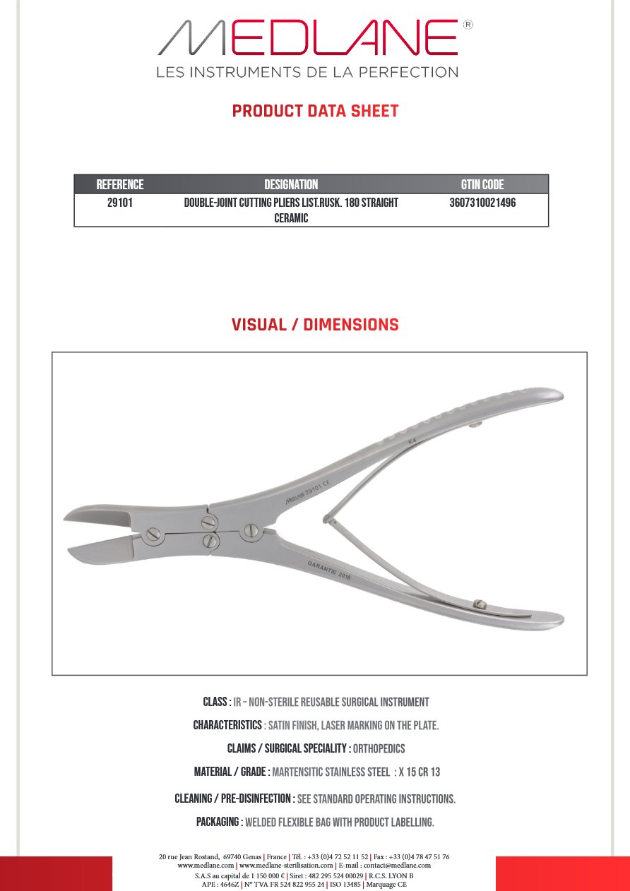 Photo produit MEDLANE : Pince Coupante Double Articulation Liston Ruskin 180 mm Droit, référence 29101P