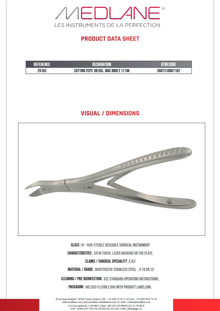 Photo produit MEDLANE : Pince Coupante Double Articulation Mac Indoe 170 mm, référence 29103P