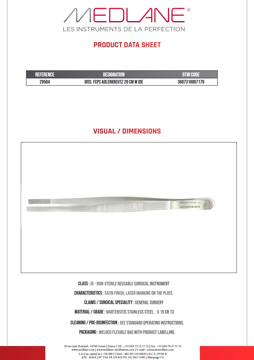 Photo produit MEDLANE : Pince Dissection Adlerkreutz 200 X 4,5 mm Large, référence 29504P