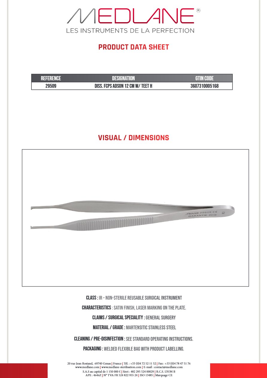 Photo produit MEDLANE : Pince Dissection Adson 120 X 1,5 mm a Griffes, référence 29509P