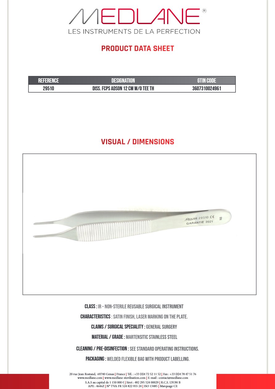 Photo produit MEDLANE : Pince Dissection Adson 120 X 1,5 mm Ss Griffes, référence 29510P