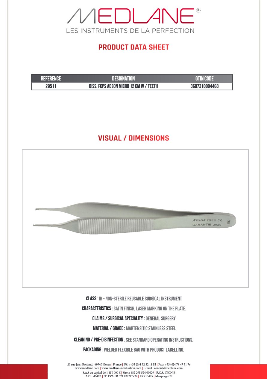 Pince Dissection Adson 120 X 1 mm a Griffes Micro — REF 29511P