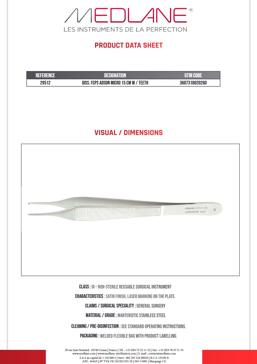 Photo produit MEDLANE : Pince Dissection Adson 150 X 1 mm a Griffes Micro, référence 29512P