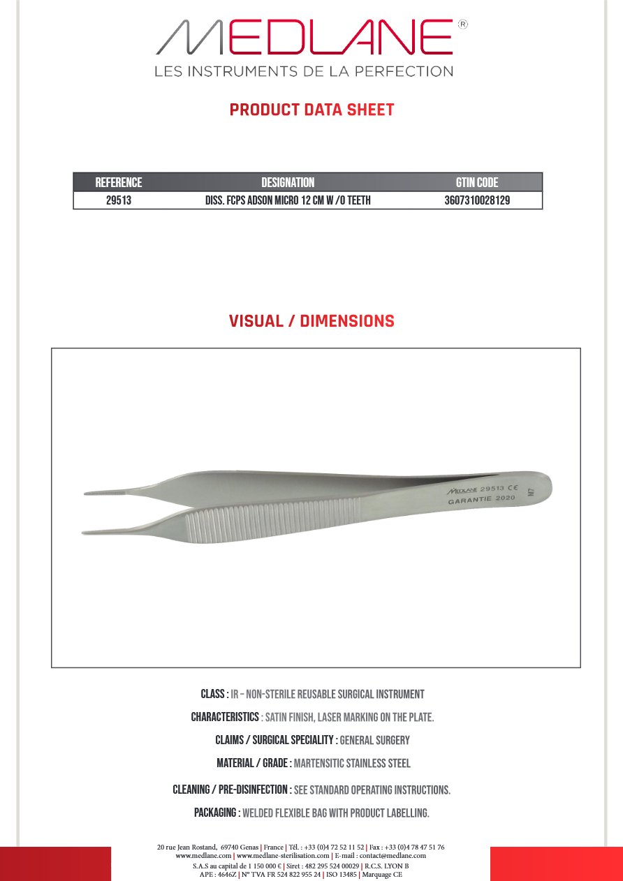 Photo produit MEDLANE : Pince Dissection Adson 120 X 1 mm Ss Griffes Micro, référence 29513P