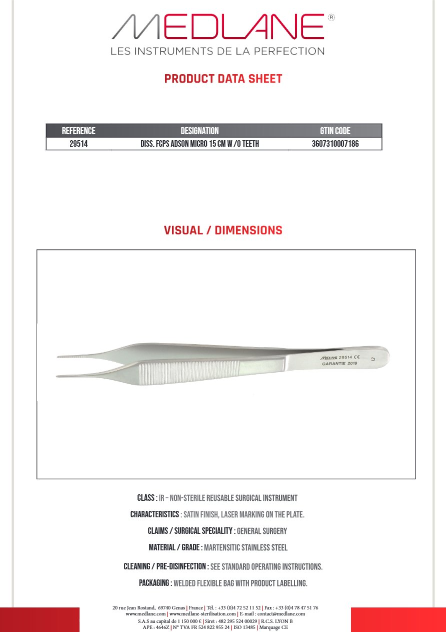 Photo produit MEDLANE : Pince Dissection Adson 150 X 1 mm Ss Griffes Micro, référence 29514P
