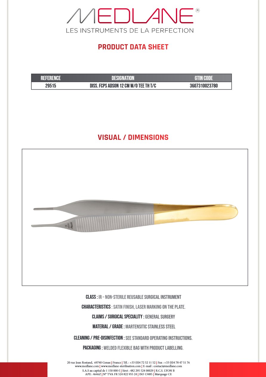 Pince Dissection Adson 120 X 1,5 mm Ss Griffes tungst — REF 29515P