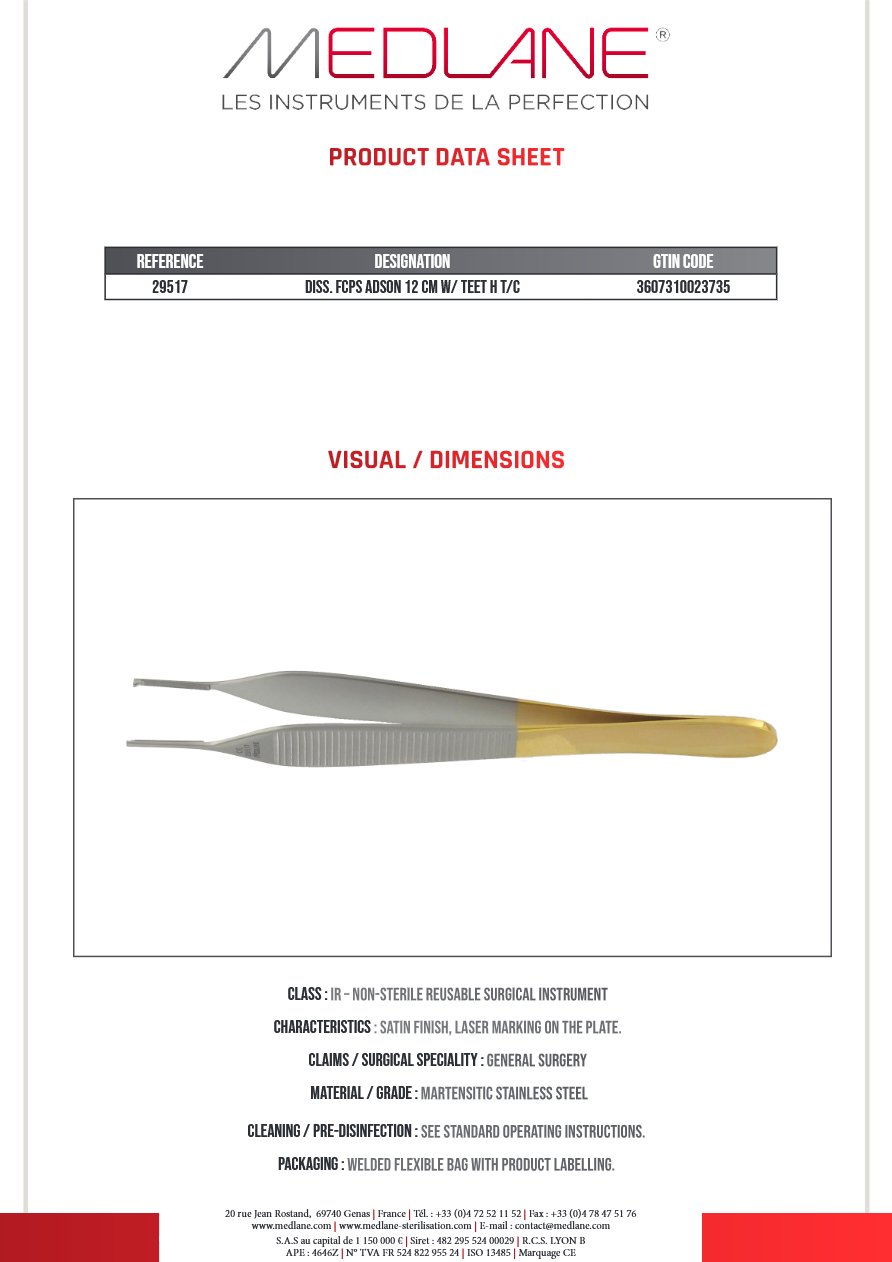 Pince Dissection Adson 120 X 1,5 mm a Griffes tungst — REF 29517P