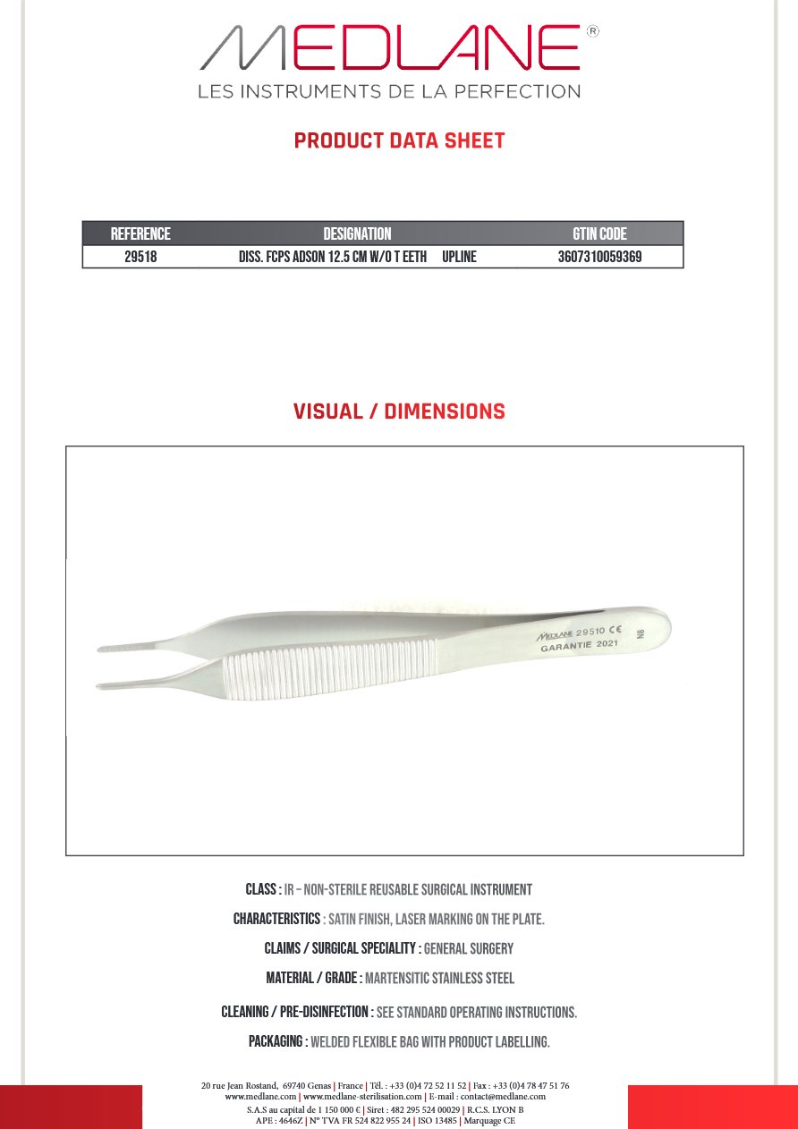 Silhouette complète d'une pince à disséquer ADSON MEDLANE : Pince Dissection Adson 125 mm Ss Griffes upline, référence 29518