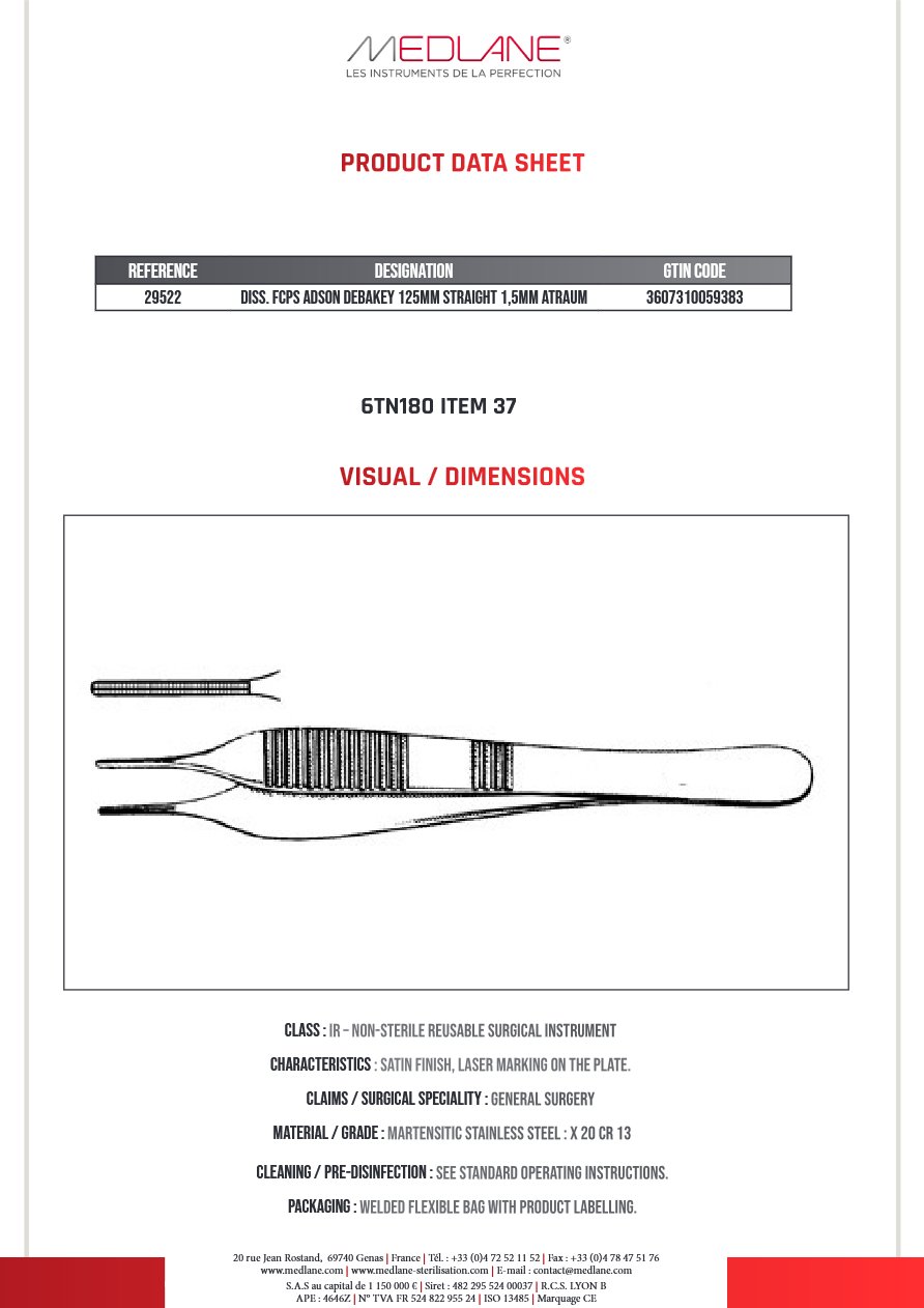 Pince Dissection Adson Debakey 125 X 1.5 mm Atrau — REF 29522