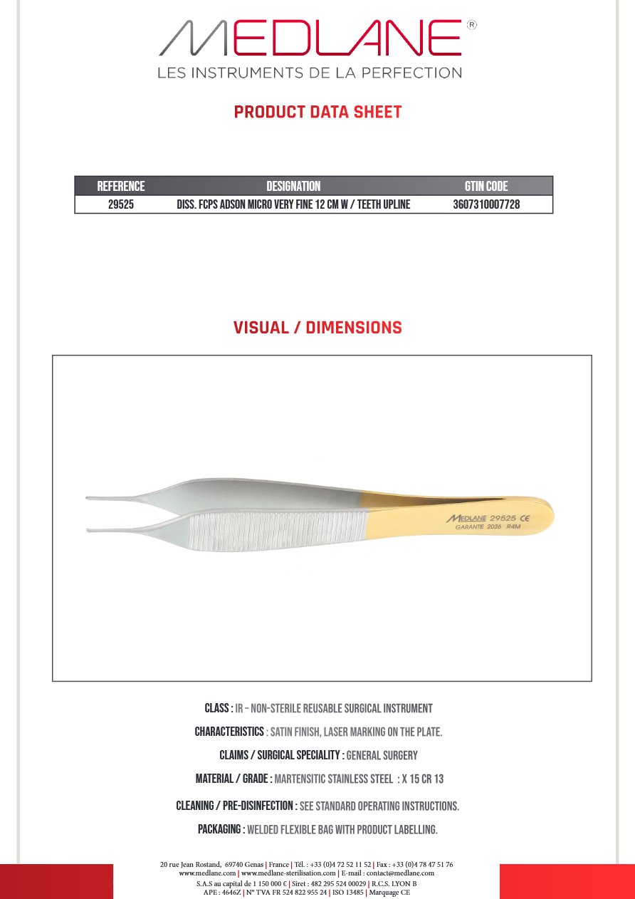 Photo produit MEDLANE : Pince Dissection Adson 120 mm a Griffes Micro Very Fine Upline, référence 29525