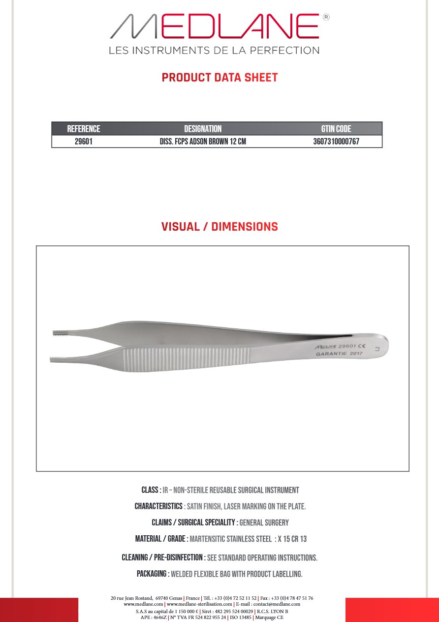 Photo produit MEDLANE : Pince Dissection Adson Brown 120 mm, référence 29601P