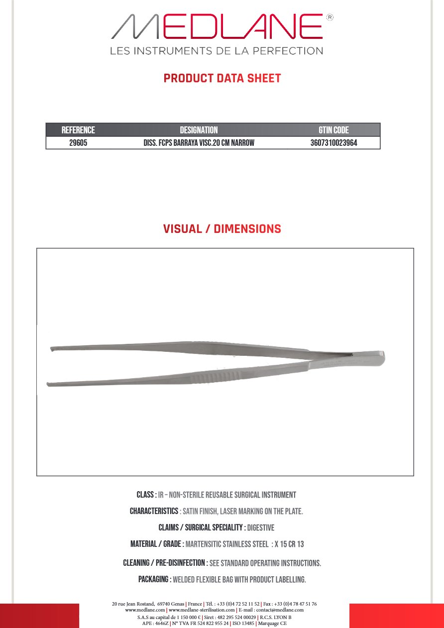 Photo produit MEDLANE : Pince Dissection Barraya Viscéral 200 X 3,5 mm Etroite, référence 29605P