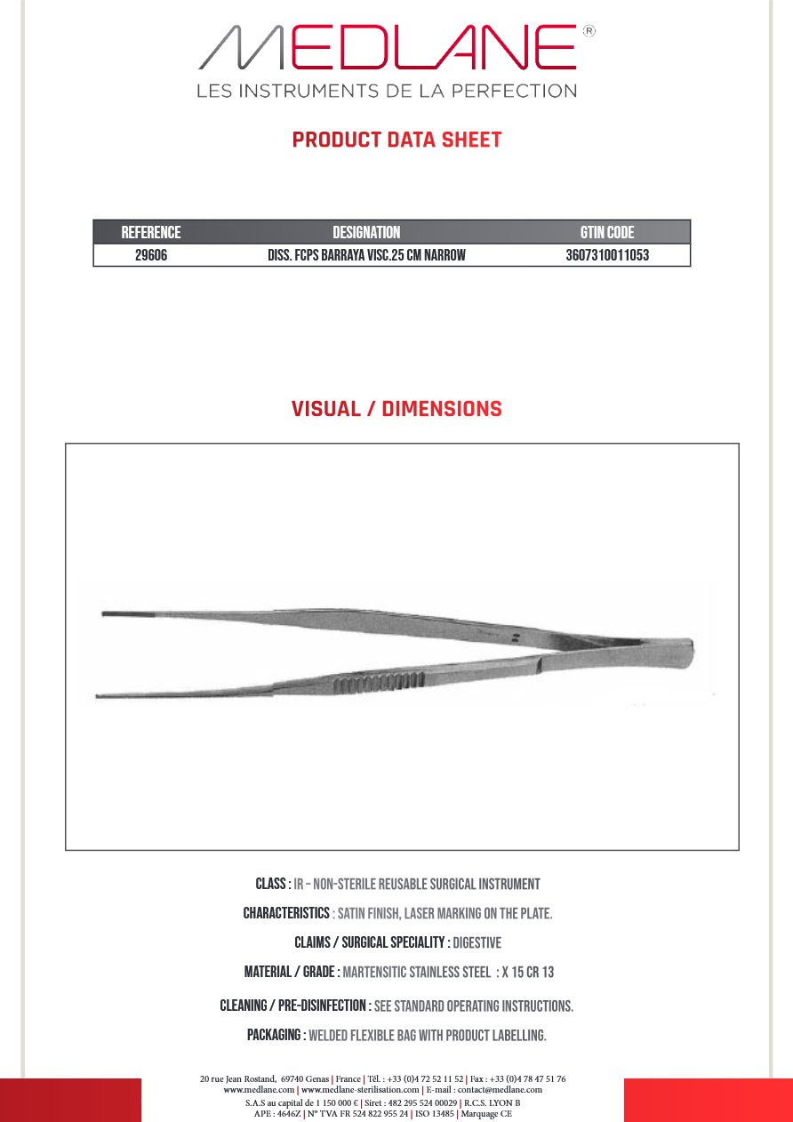 Photo produit MEDLANE : Pince Dissection Barraya Viscéral 250 X 3,5 mm Etroite, référence 29606P