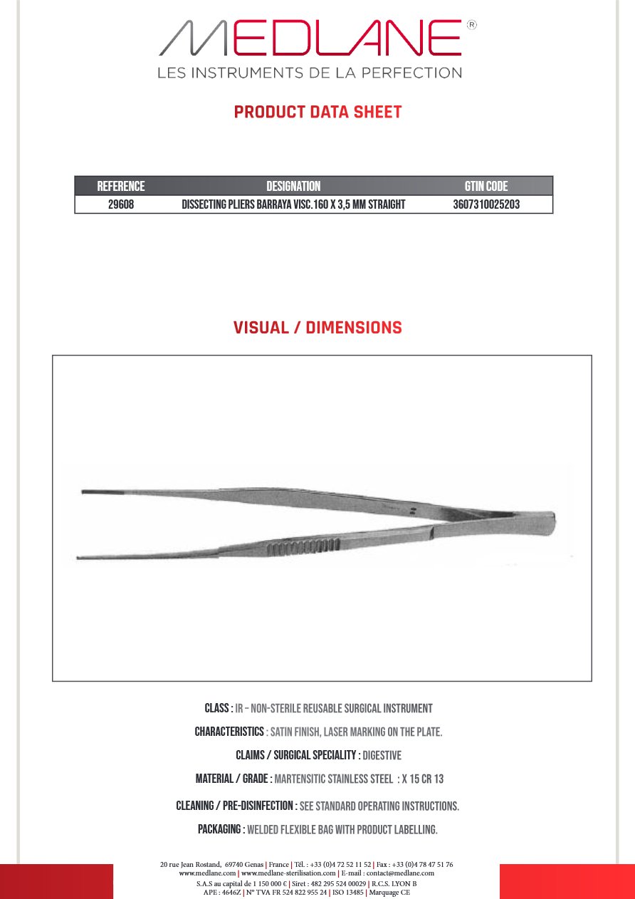 Pince Dissection Barraya Viscéral 160 X 3,5 mm Etroite — REF 29608P