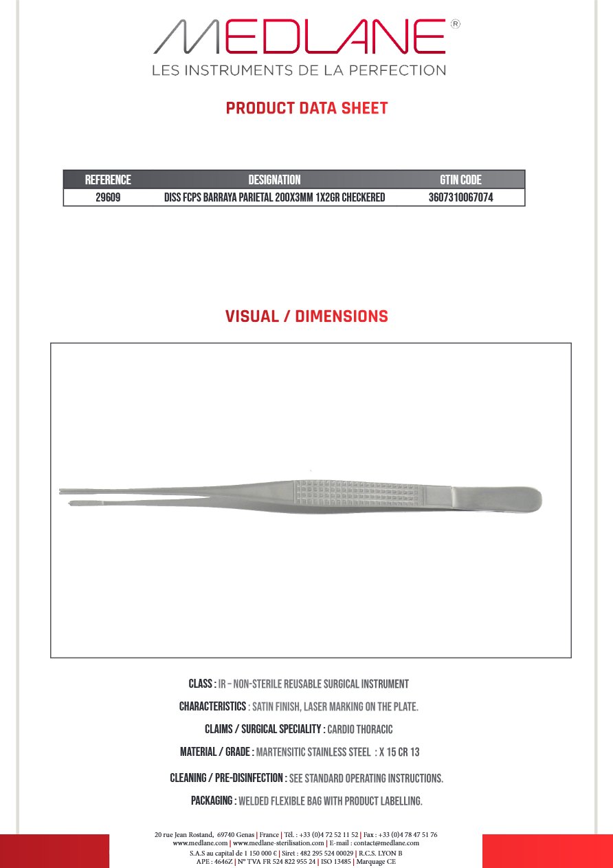 Pince Dissection Barraya Parietale 200 X 3 mm 1 X 2 Griffes a Plateaux Quadr. — REF 29609
