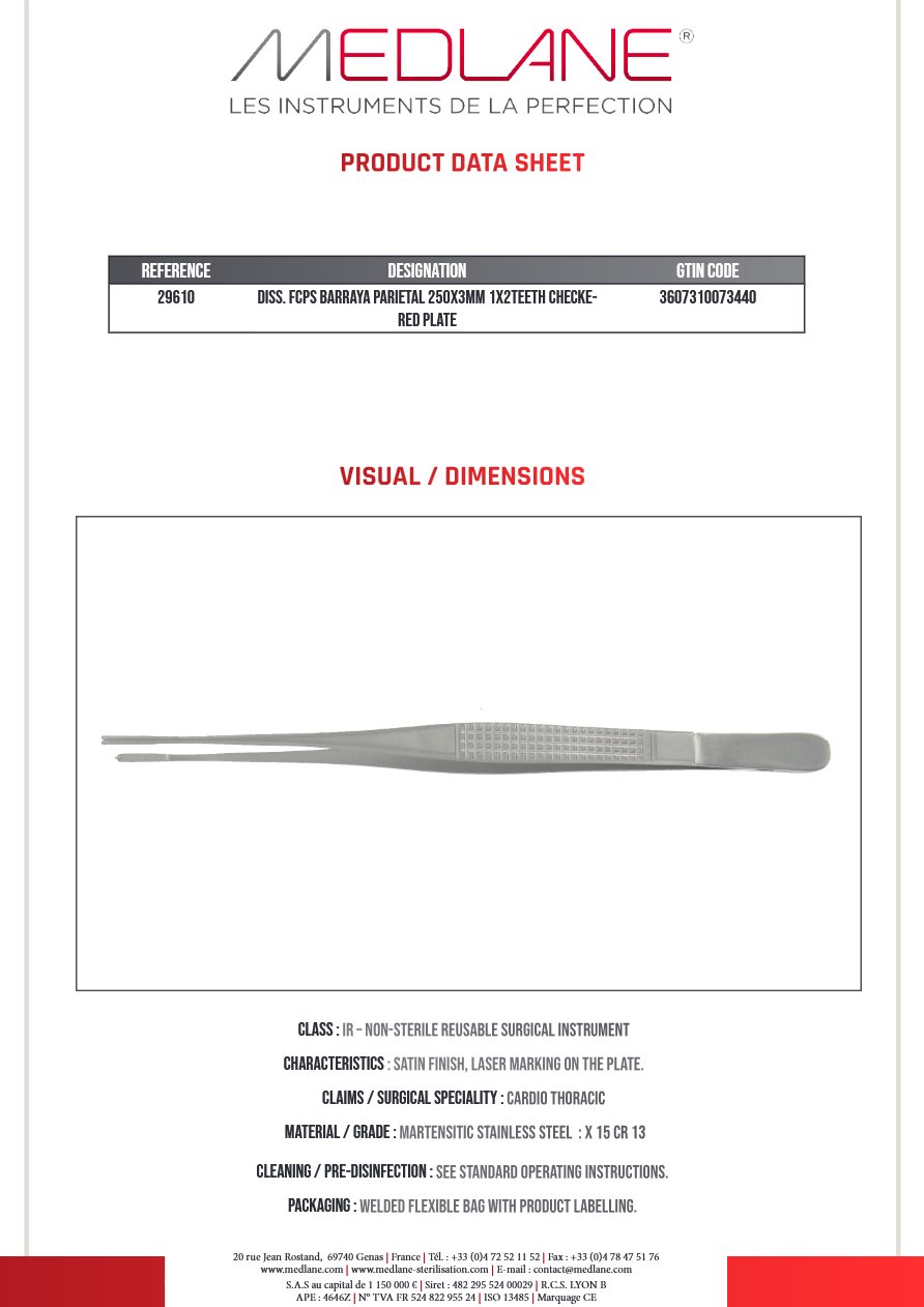 Pince Dissection Barraya Parietale 250 X 3 mm 1 X 2 Griffes a Plateaux Quadr. — REF 29610