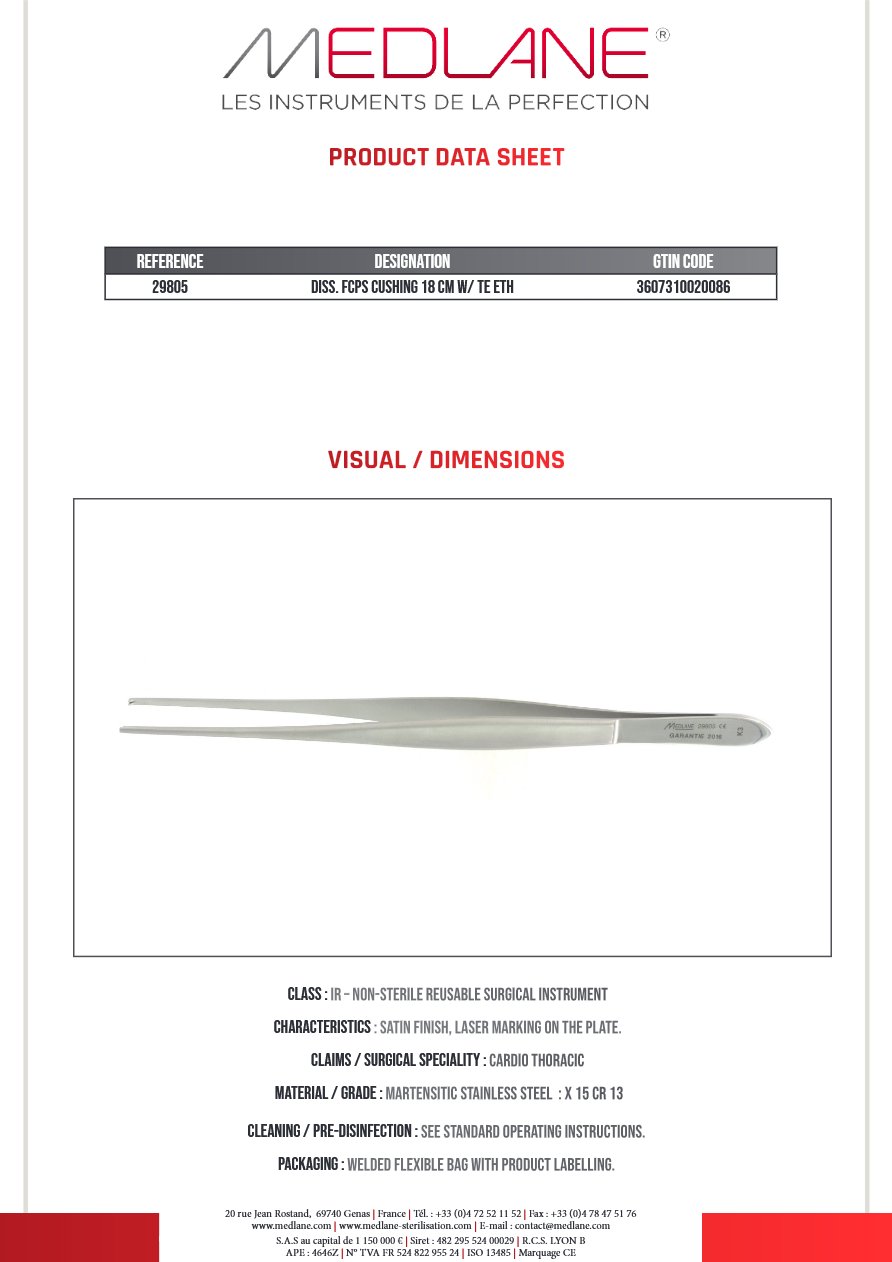 Photo produit MEDLANE : Pince Dissection Cushing 180 X 1,8 mm a Griffes, référence 29805P