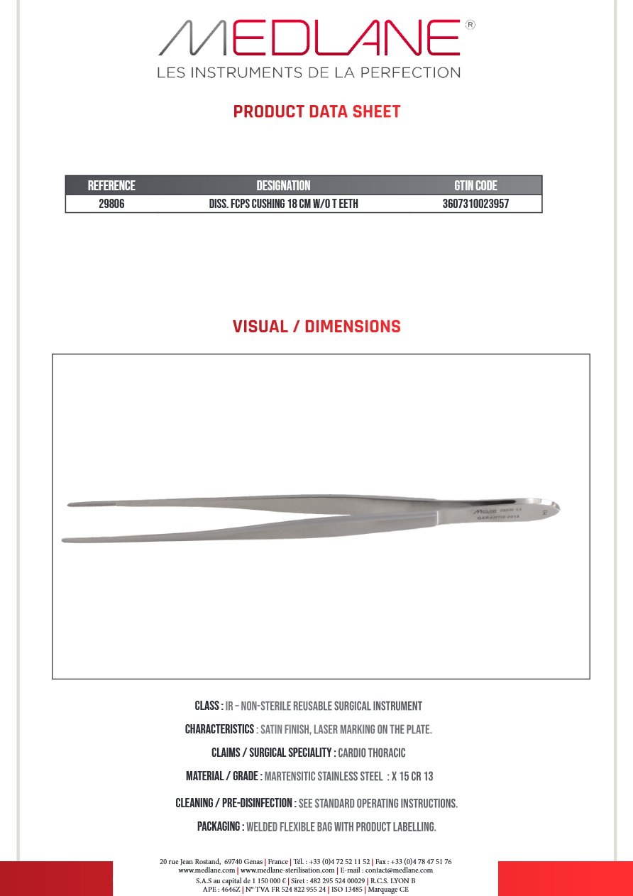 Photo produit MEDLANE : Pince Dissection Cushing 180 X 1,8 mm Ss Griffes, référence 29806P