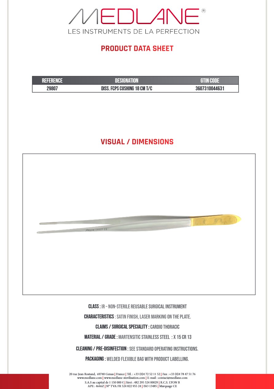 Photo produit MEDLANE : Pince Dissection Cushing 180 X 1,8 mm Tungstène, référence 29807P
