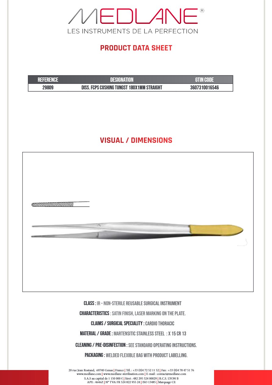 Pince Dissection Cushing Mors Tungstene 180 X 1,0 mm Droite — REF 29809
