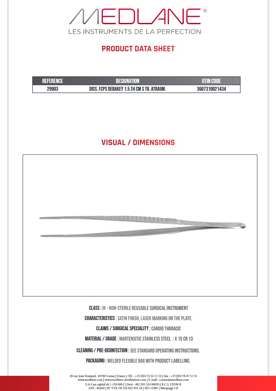 Pince Dissection Debakey 1.5 240 mm Droit Atrauma — REF 29903P