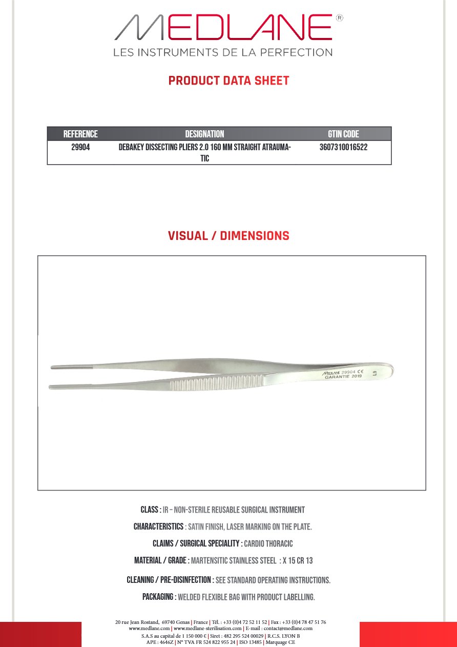 Photo produit MEDLANE : Pince Dissection Debakey 2.0 160 mm Droit Atrauma, référence 29904P