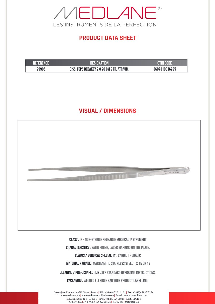 Photo produit MEDLANE : Pince Dissection Debakey 2.0 200 mm Droit Atrauma, référence 29905P