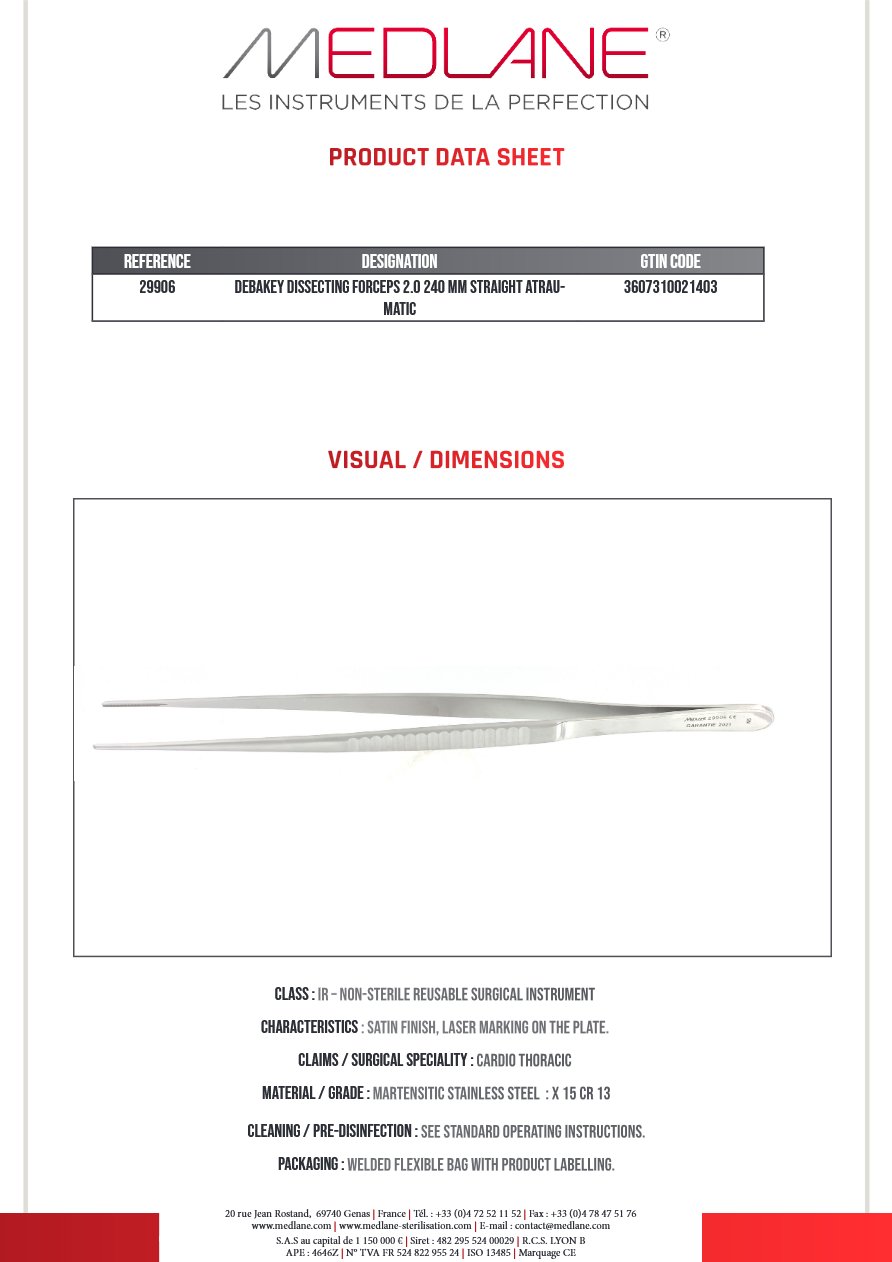 Photo produit MEDLANE : Pince Dissection Debakey 2.0 240 mm Droit Atrauma, référence 29906P