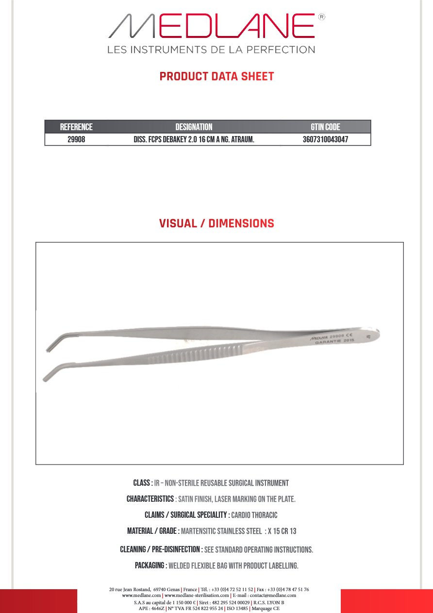 Photo produit MEDLANE : Pince Dissection Debakey 2.0 160 mm Coudee Atrauma, référence 29908P